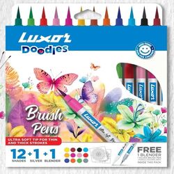 Luxor Doodles Brush Pens 12 Shades - Free Silver Brush Pen n Blender